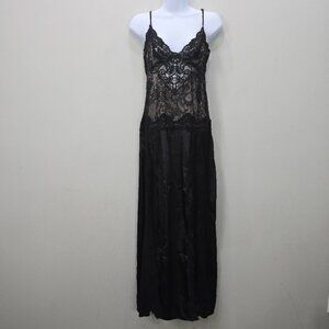Jonquil by Diane Samandi Nightgown M Black Satin Slip Lingerie Slits Goth Bride